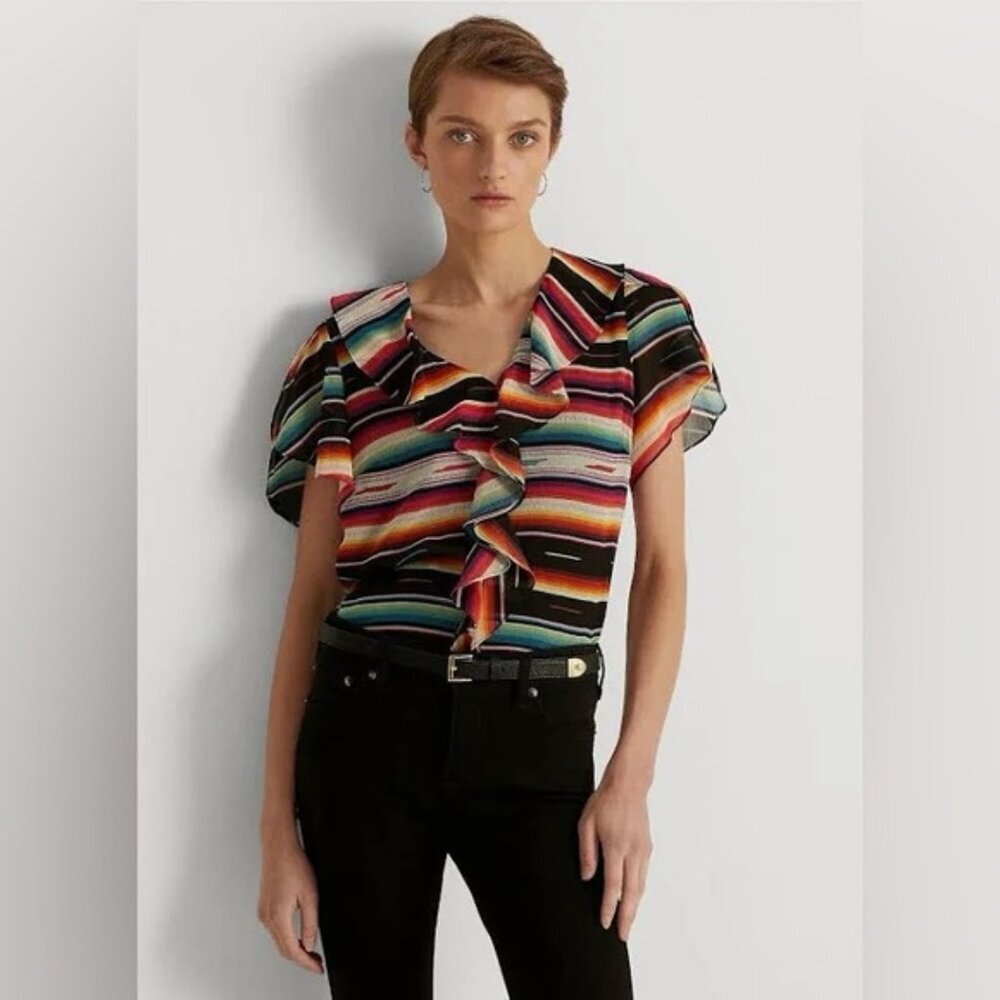 NWT LAUREN RALPH LAUREN BLACK LABEL Ruffled Neck Top Striped Flutter Sleeve Sz L